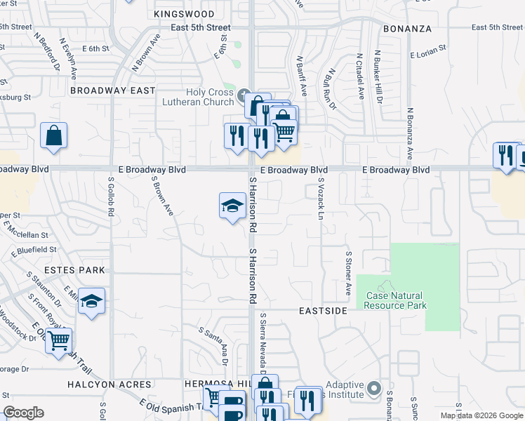 map of restaurants, bars, coffee shops, grocery stores, and more near 9562-9570 East Gershon Lane in Tucson