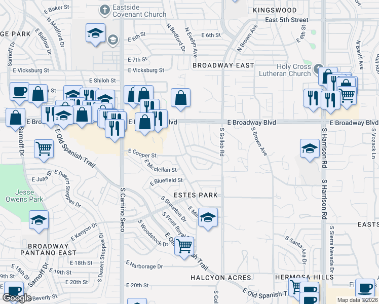 map of restaurants, bars, coffee shops, grocery stores, and more near 8951 East Cooper Street in Tucson