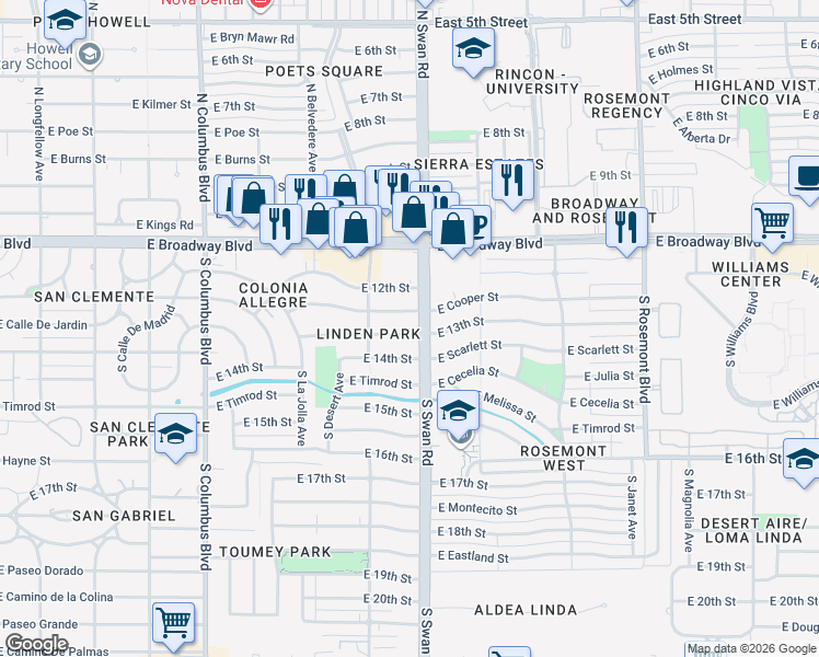 map of restaurants, bars, coffee shops, grocery stores, and more near 4625 East 13th Street in Tucson