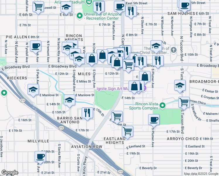 map of restaurants, bars, coffee shops, grocery stores, and more near 1721 East 13th Street in Tucson
