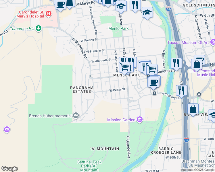 map of restaurants, bars, coffee shops, grocery stores, and more near 52 South Melrose Avenue in Tucson
