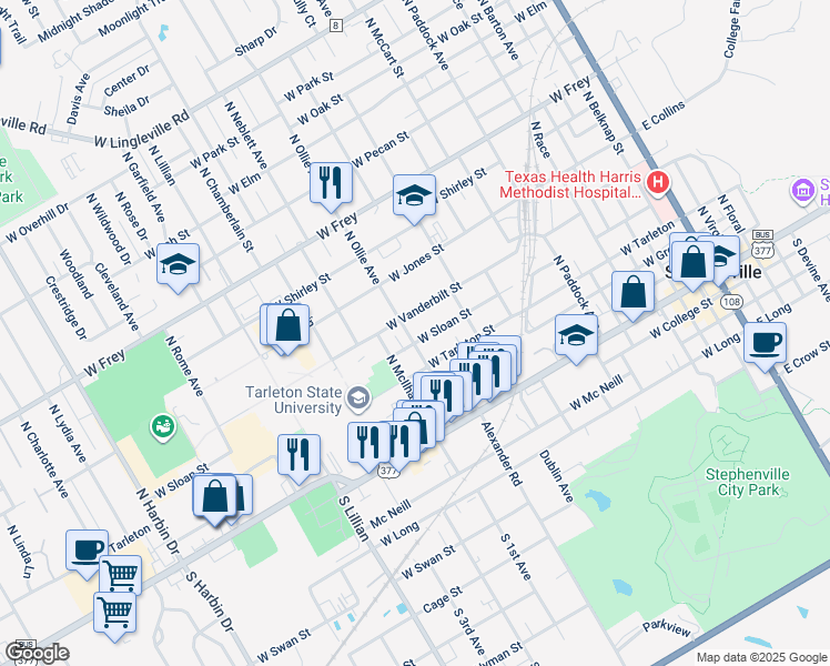 map of restaurants, bars, coffee shops, grocery stores, and more near 538 North Ollie Avenue in Stephenville