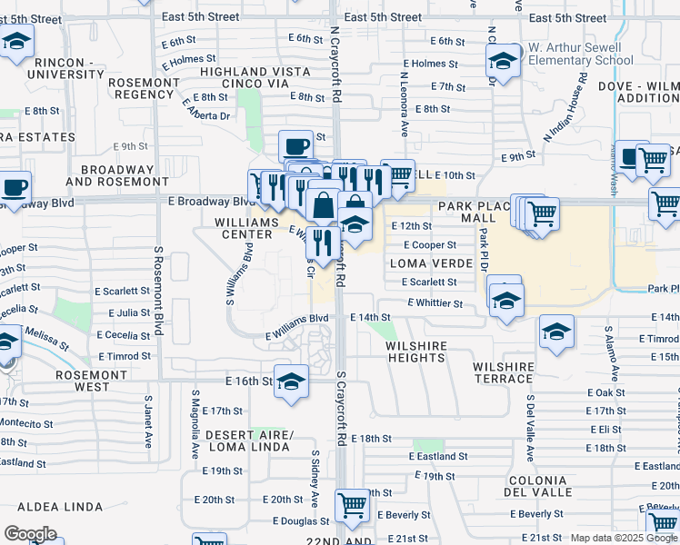 map of restaurants, bars, coffee shops, grocery stores, and more near 192 South Craycroft Road in Tucson