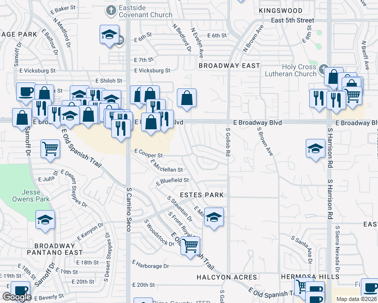 map of restaurants, bars, coffee shops, grocery stores, and more near 8909 East Cooper Street in Tucson