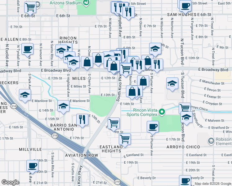 map of restaurants, bars, coffee shops, grocery stores, and more near 1827 East 13th Street in Tucson