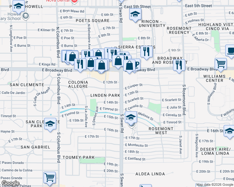 map of restaurants, bars, coffee shops, grocery stores, and more near 4625 East 13th Street in Tucson