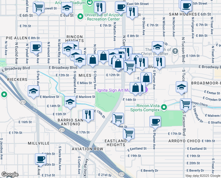 map of restaurants, bars, coffee shops, grocery stores, and more near 1721 East 13th Street in Tucson