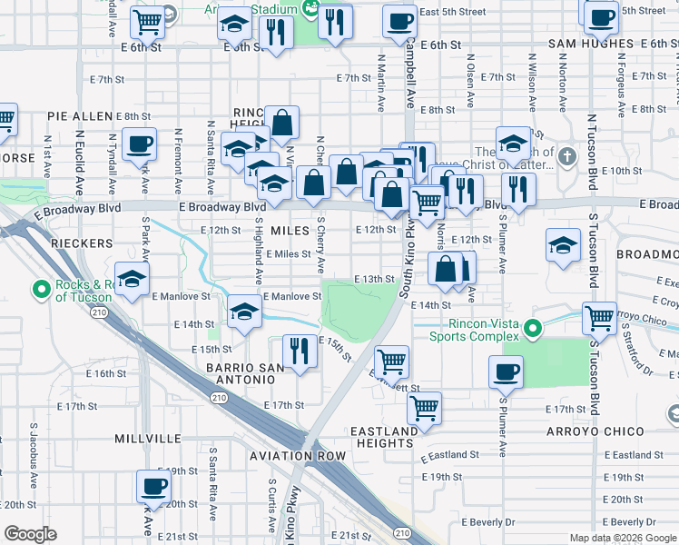 map of restaurants, bars, coffee shops, grocery stores, and more near 1615 East 13th Street in Tucson
