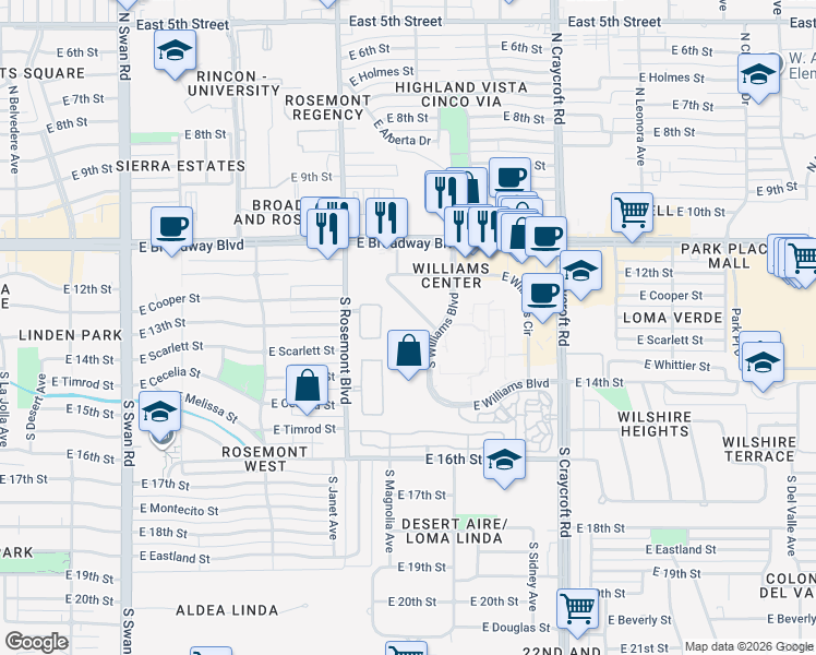 map of restaurants, bars, coffee shops, grocery stores, and more near 270 South Williams Boulevard in Tucson