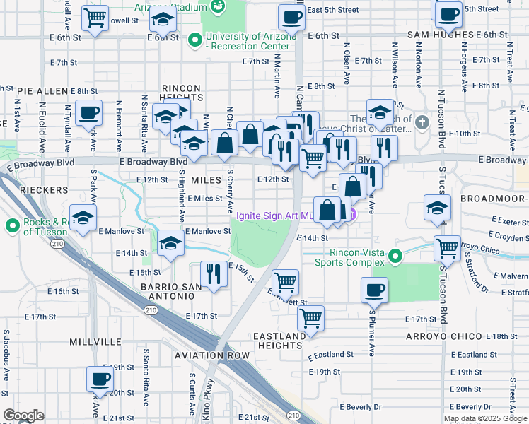 map of restaurants, bars, coffee shops, grocery stores, and more near 1721 East 13th Street in Tucson