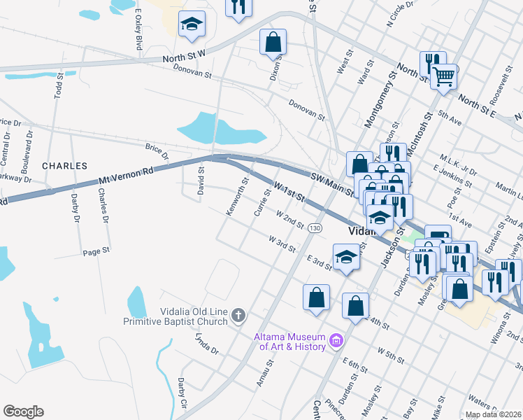 map of restaurants, bars, coffee shops, grocery stores, and more near 303 Currie Street in Vidalia