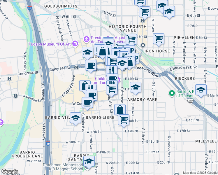 map of restaurants, bars, coffee shops, grocery stores, and more near 201 South Stone Avenue in Tucson