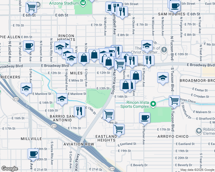 map of restaurants, bars, coffee shops, grocery stores, and more near 1809 East 13th Street in Tucson
