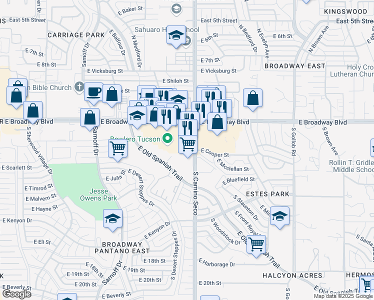 map of restaurants, bars, coffee shops, grocery stores, and more near 112 South Camino Seco in Tucson