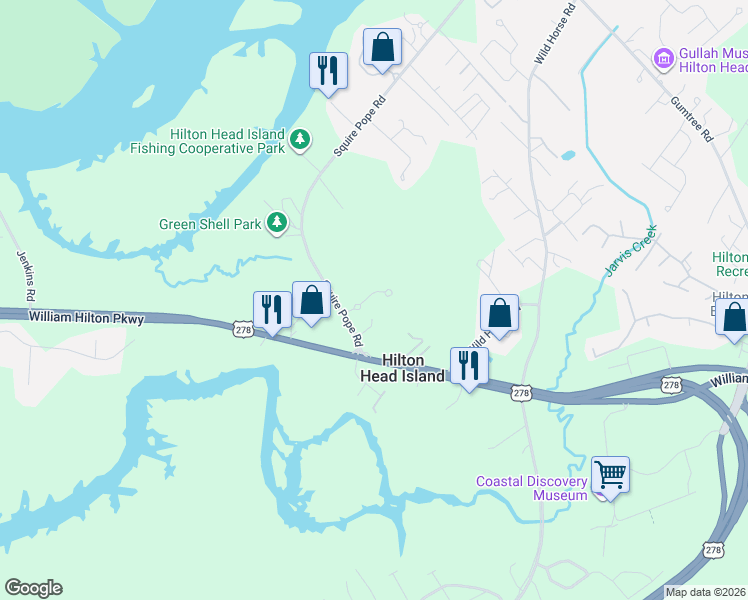map of restaurants, bars, coffee shops, grocery stores, and more near 10 Indian Pipe Lane in Hilton Head Island
