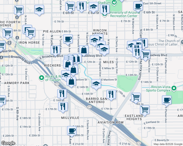 map of restaurants, bars, coffee shops, grocery stores, and more near 1304 East 13th Street in Tucson