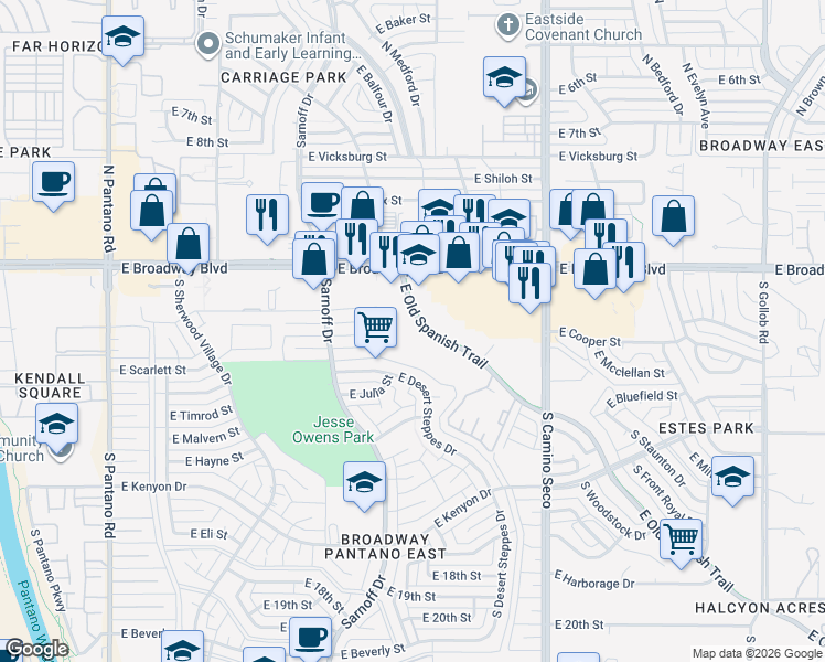 map of restaurants, bars, coffee shops, grocery stores, and more near 8450 East Old Spanish Trail in Tucson