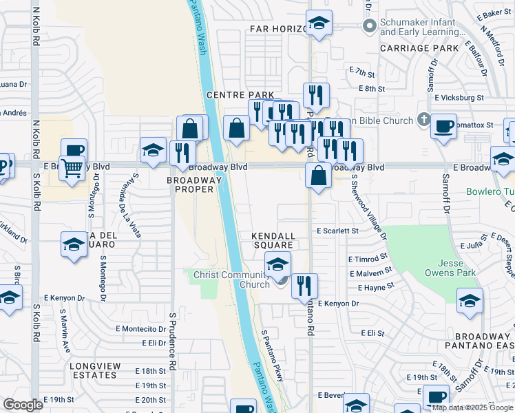 map of restaurants, bars, coffee shops, grocery stores, and more near 7730 East Broadway Boulevard in Tucson