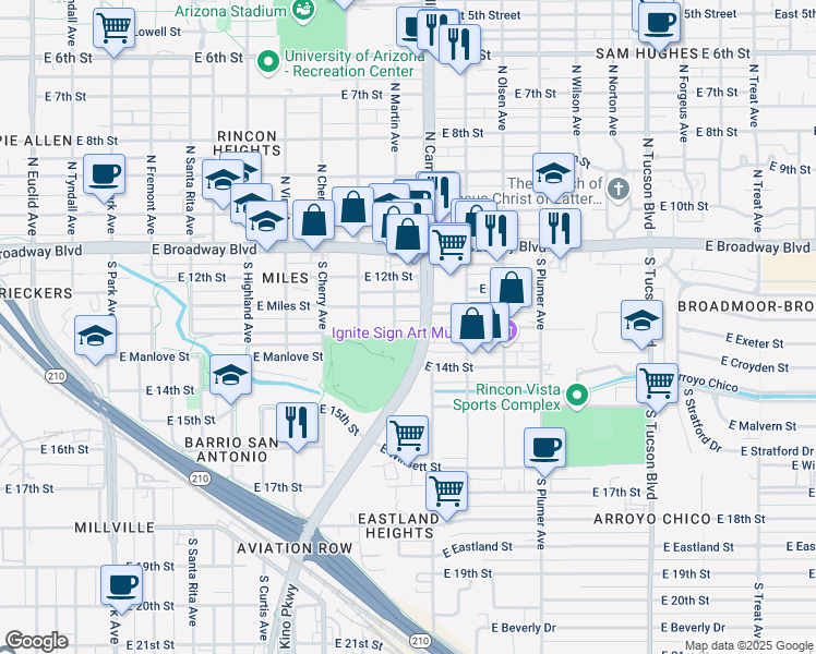 map of restaurants, bars, coffee shops, grocery stores, and more near 1821 East 13th Street in Tucson