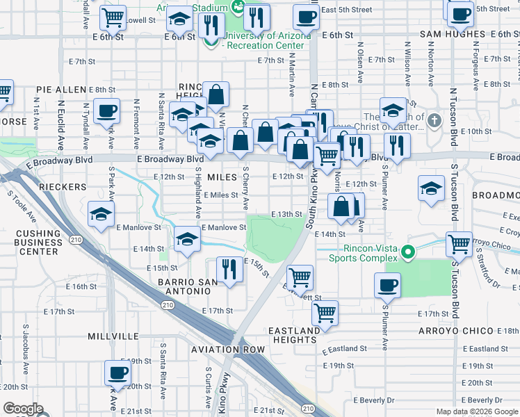 map of restaurants, bars, coffee shops, grocery stores, and more near 1615 East 13th Street in Tucson