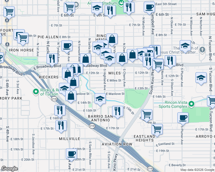 map of restaurants, bars, coffee shops, grocery stores, and more near 1416 East 13th Street in Tucson