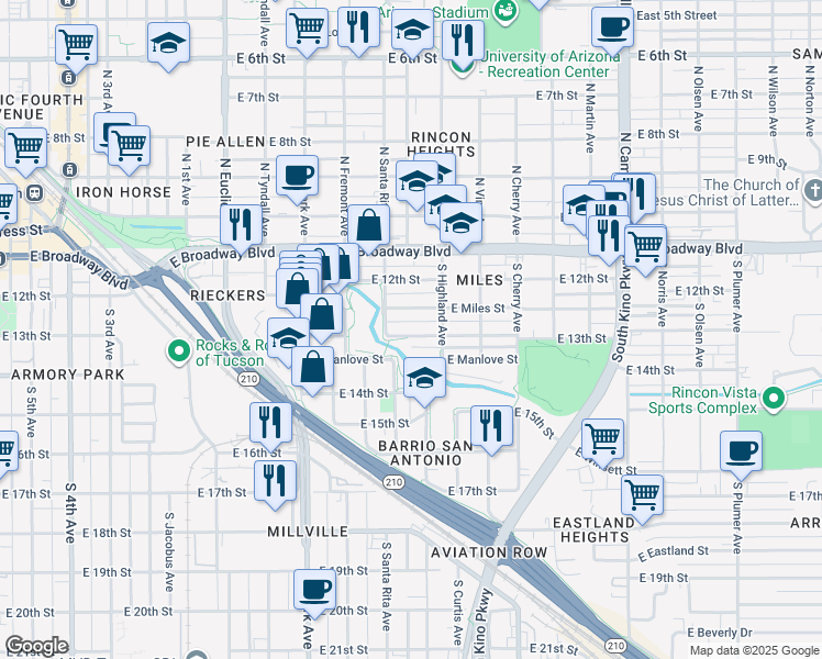 map of restaurants, bars, coffee shops, grocery stores, and more near 1304 East 13th Street in Tucson