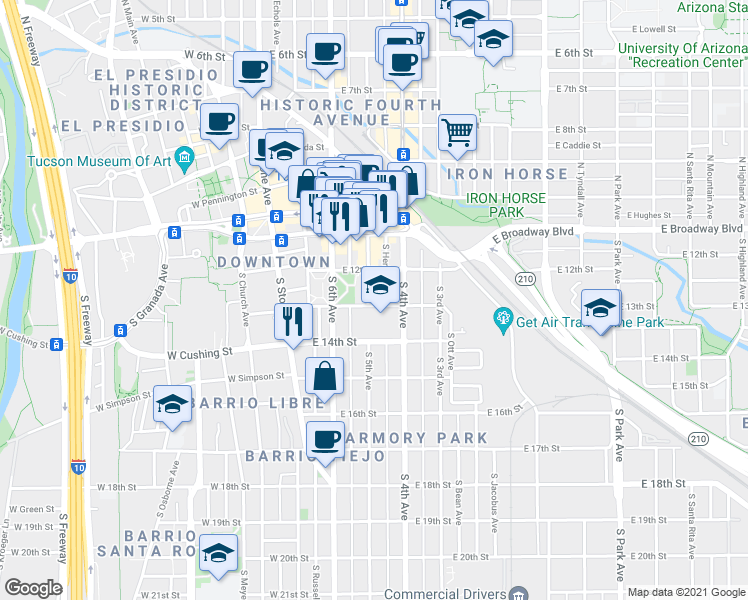 map of restaurants, bars, coffee shops, grocery stores, and more near 219-201 East 13th Street in Tucson