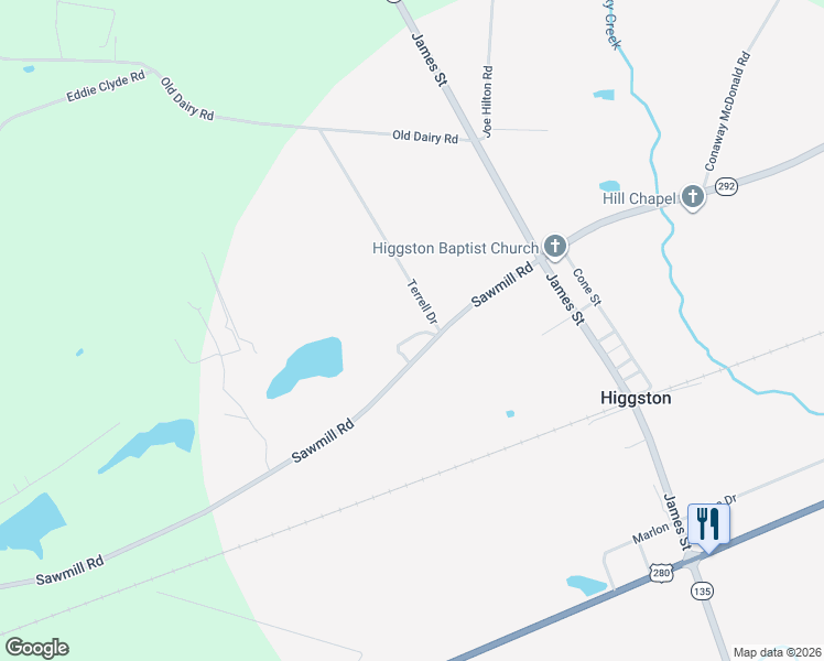 map of restaurants, bars, coffee shops, grocery stores, and more near 2733 Saw Mill Road in Ailey