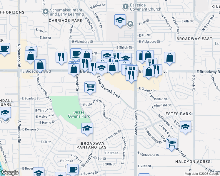 map of restaurants, bars, coffee shops, grocery stores, and more near 8601 East Old Spanish Trail in Tucson