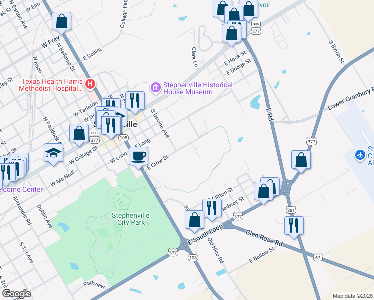 map of restaurants, bars, coffee shops, grocery stores, and more near 562 East Crow Street in Stephenville