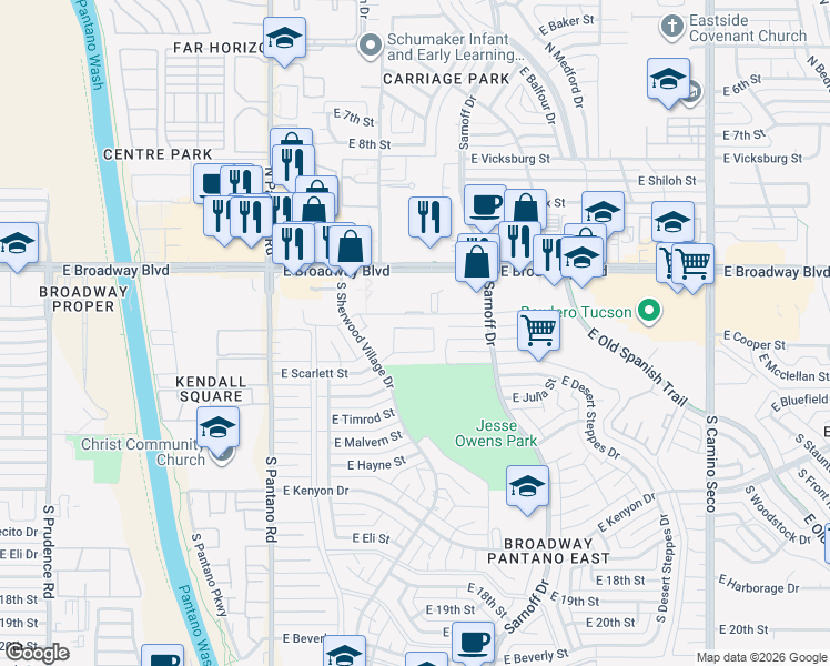 map of restaurants, bars, coffee shops, grocery stores, and more near 8173 East Mesquite Ridge Circle in Tucson