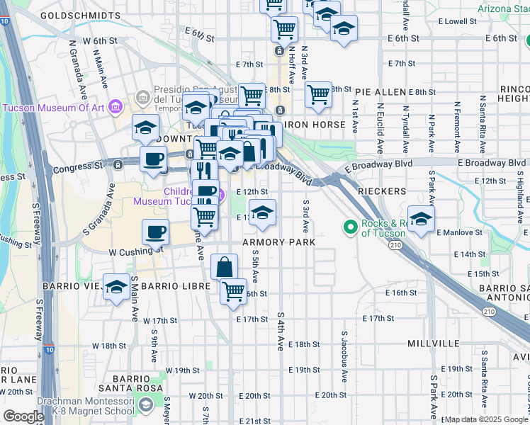 map of restaurants, bars, coffee shops, grocery stores, and more near 219 East 13th Street in Tucson