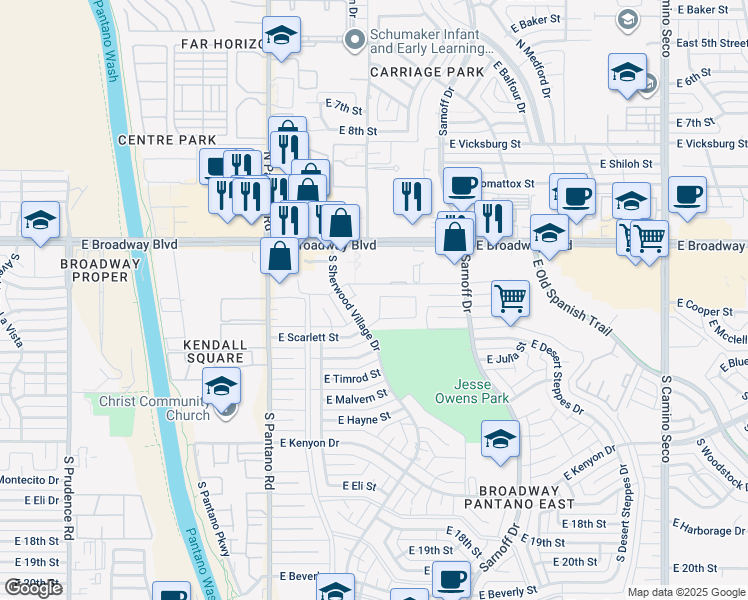map of restaurants, bars, coffee shops, grocery stores, and more near 8198 East Mesquite Ridge Circle in Tucson