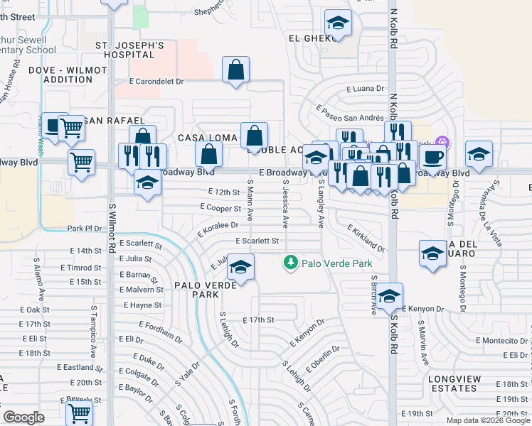 map of restaurants, bars, coffee shops, grocery stores, and more near 6720 East Cooper Street in Tucson