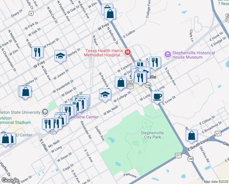 map of restaurants, bars, coffee shops, grocery stores, and more near 700 West Washington Street in Stephenville