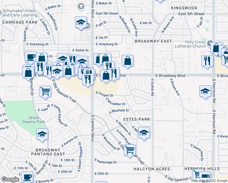 map of restaurants, bars, coffee shops, grocery stores, and more near 8880 East Broadway Boulevard in Tucson