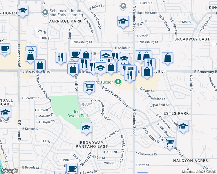 map of restaurants, bars, coffee shops, grocery stores, and more near 8490 East Old Spanish Trail in Tucson