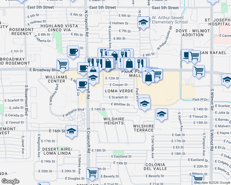 map of restaurants, bars, coffee shops, grocery stores, and more near 5671 East Scarlett Street in Tucson