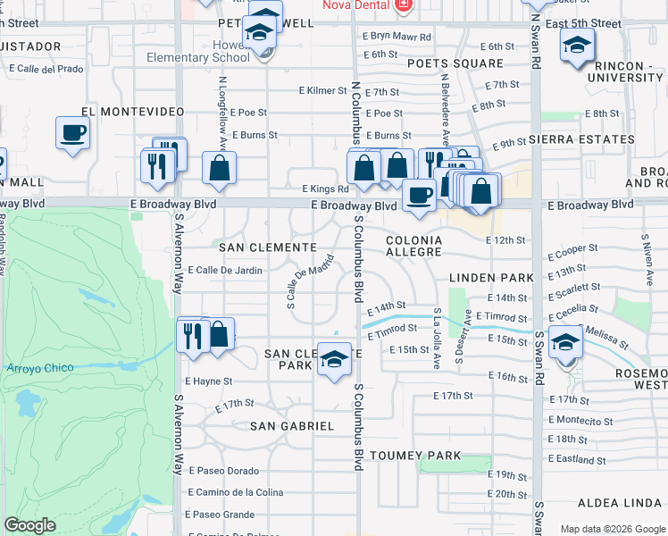 map of restaurants, bars, coffee shops, grocery stores, and more near 245 South Bryant Avenue in Tucson