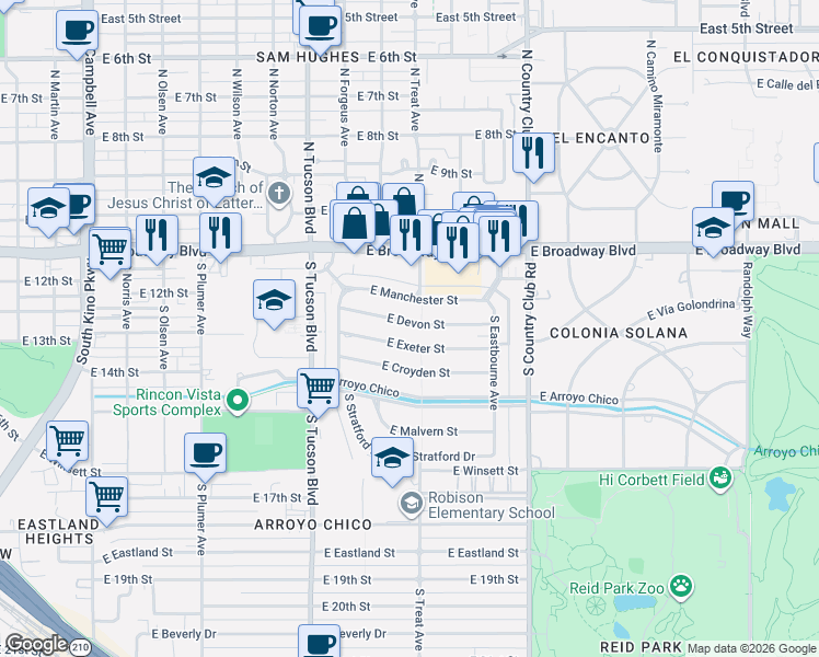 map of restaurants, bars, coffee shops, grocery stores, and more near in Tucson