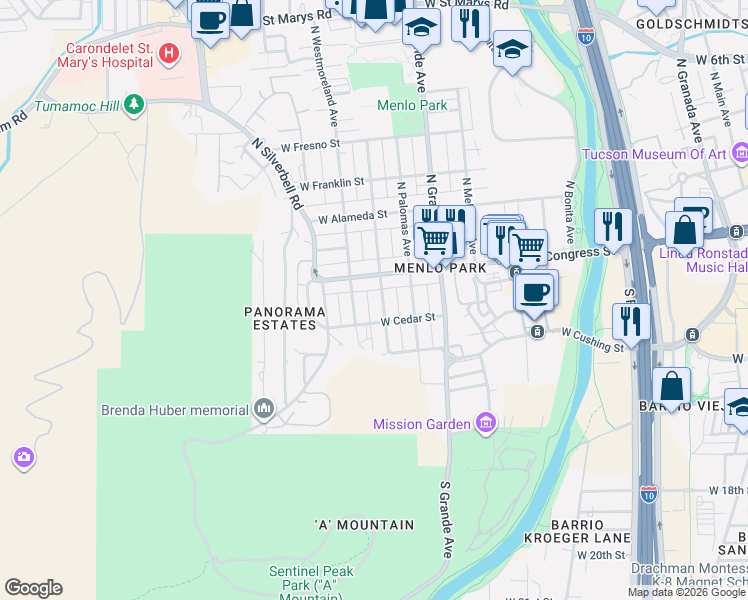 map of restaurants, bars, coffee shops, grocery stores, and more near 52 South Melrose Avenue in Tucson