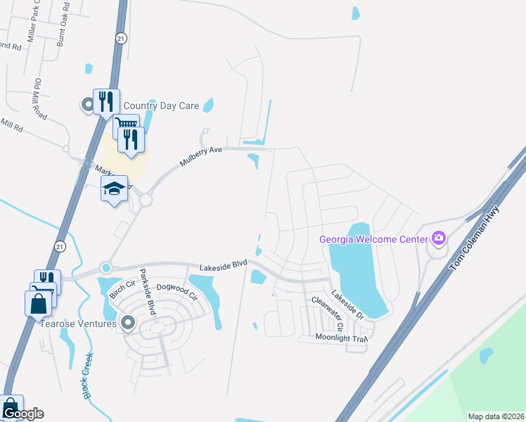 map of restaurants, bars, coffee shops, grocery stores, and more near 303 Lakeside Boulevard in Port Wentworth