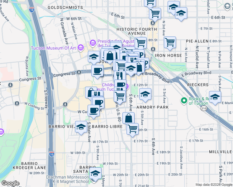 map of restaurants, bars, coffee shops, grocery stores, and more near 35 East Mc Cormick Street in Tucson