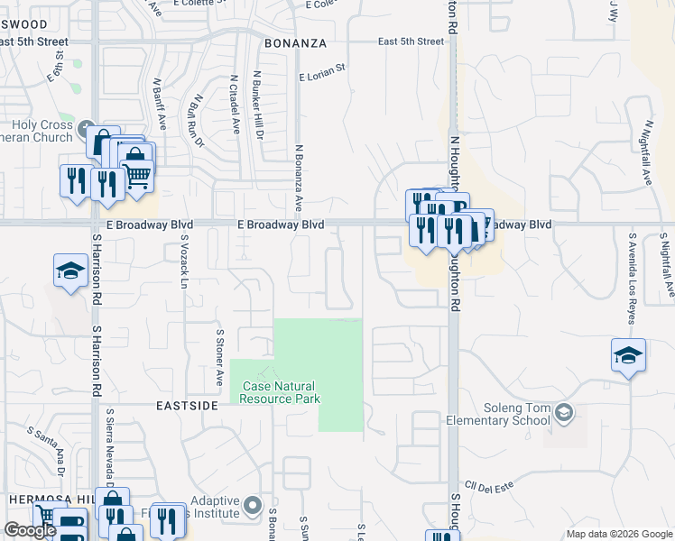 map of restaurants, bars, coffee shops, grocery stores, and more near 184 South London Station Road in Tucson