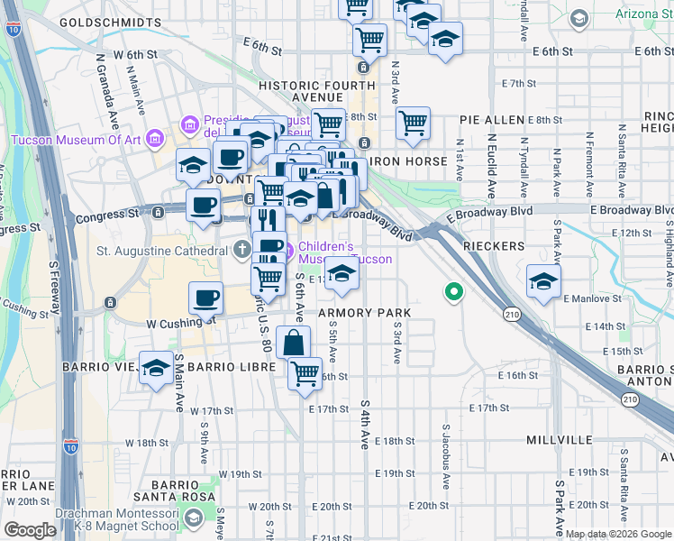 map of restaurants, bars, coffee shops, grocery stores, and more near 239 South 5th Avenue in Tucson