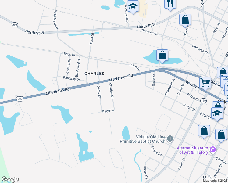 map of restaurants, bars, coffee shops, grocery stores, and more near 408 Charles Drive in Vidalia