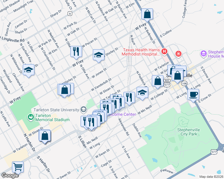 map of restaurants, bars, coffee shops, grocery stores, and more near 1050 West Sloan Street in Stephenville
