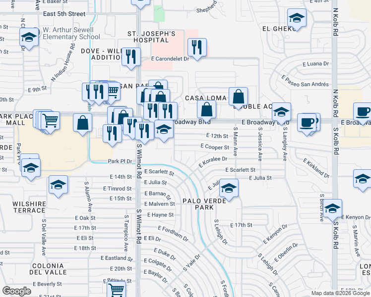map of restaurants, bars, coffee shops, grocery stores, and more near 211 South Melville Avenue in Tucson