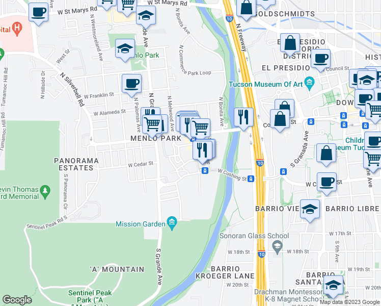 map of restaurants, bars, coffee shops, grocery stores, and more near 870 West Calle de Los Higos in Tucson