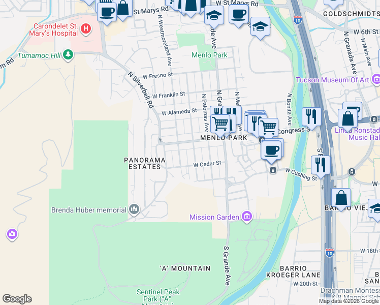 map of restaurants, bars, coffee shops, grocery stores, and more near 52 South Melrose Avenue in Tucson
